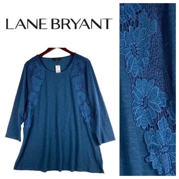 New Lane Bryant 22 24 3X Top Tunic Shirt Blue Floral Appliqué Career Casual - Picture 1 of 3